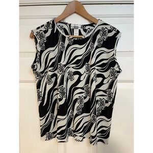 Vintage‎ E.K. Designs Graphic Floral Crinkle Boxy Sleeveless Top Black White L